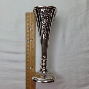 Vtg Holiday Imports Silverplate Rose Bud Vase Embossed Floral Made in Japan 7.5"